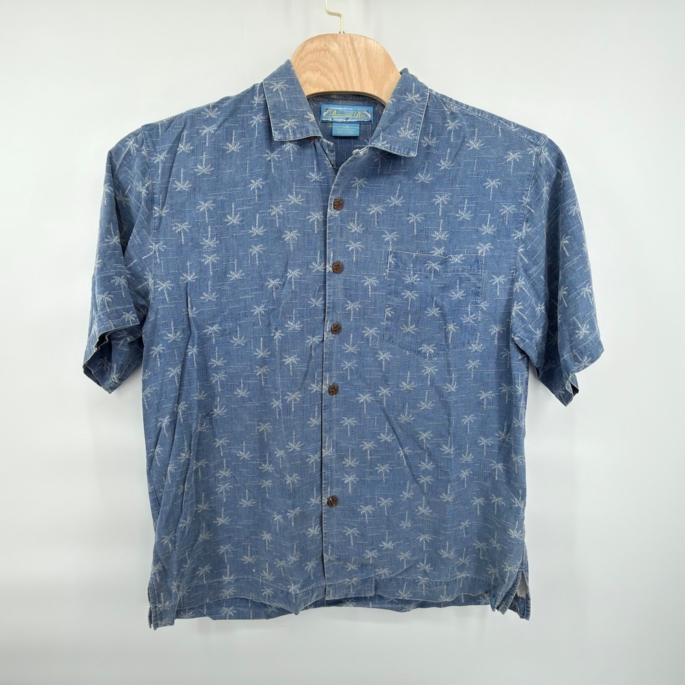Bermuda Bay Button Front Shirt Mens L Blue Silk Palm Tree Hawaiian Short Sleeve
